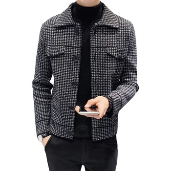 

Jacket men's autumn and winter trend Korean Houndstooth Slim handsome wool jacket thickened short woolen knitted coat