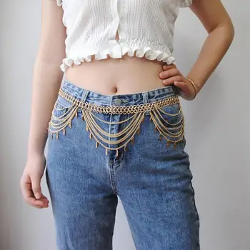 

New Women Retro metal leaf Belts Waistbands All-match Multilayer Long Tassel for Party Jewelry Dress Waist Chain Pendant Belt
