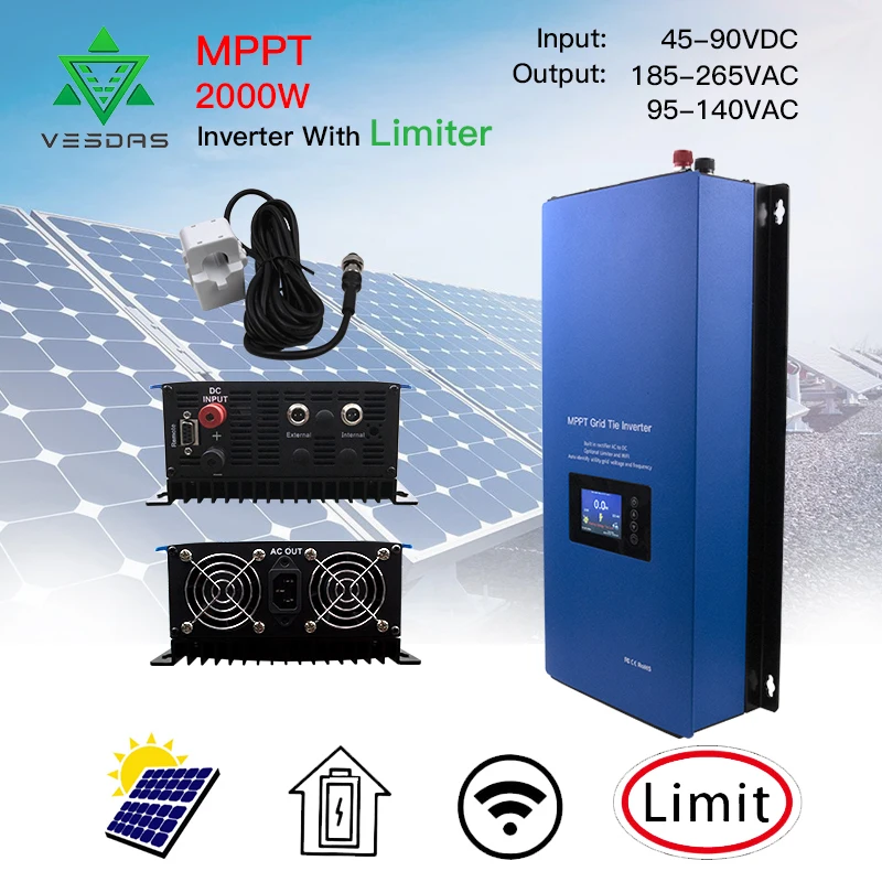 

2000W Microinver MPPT On Grid tie Inverte Micro Solar Converter Regulator Inverter With Limiter Sensor 45-90VDC for Solar Panes
