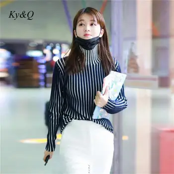 

Brand Design Women 2020 Winter Blue White Striped Knit Turtleneck Pullover Bottoming Long-sleeved Fashion Sweater Jumper Clothes