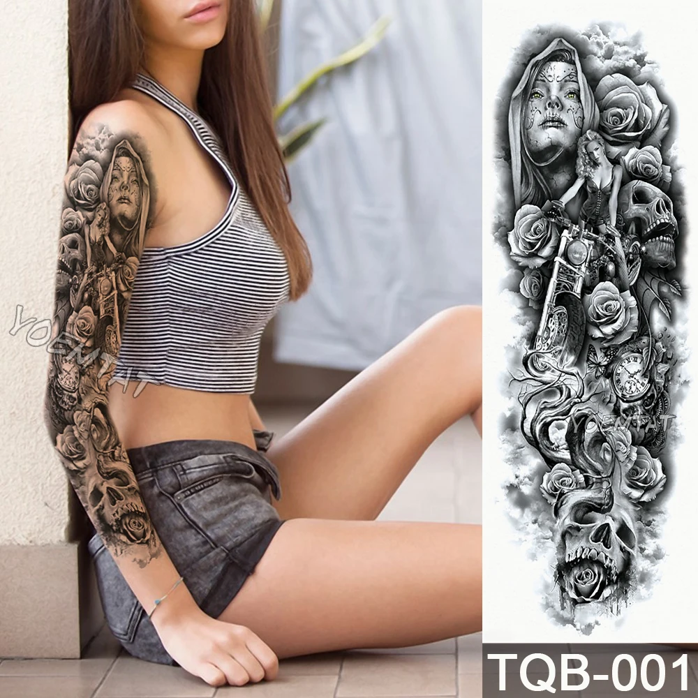 

New 1 Piece Temporary Tattoo Sticker dead Skull pattern Full Flower Tattoo with Arm Body Art Big Large Fake Tattoo Sticker