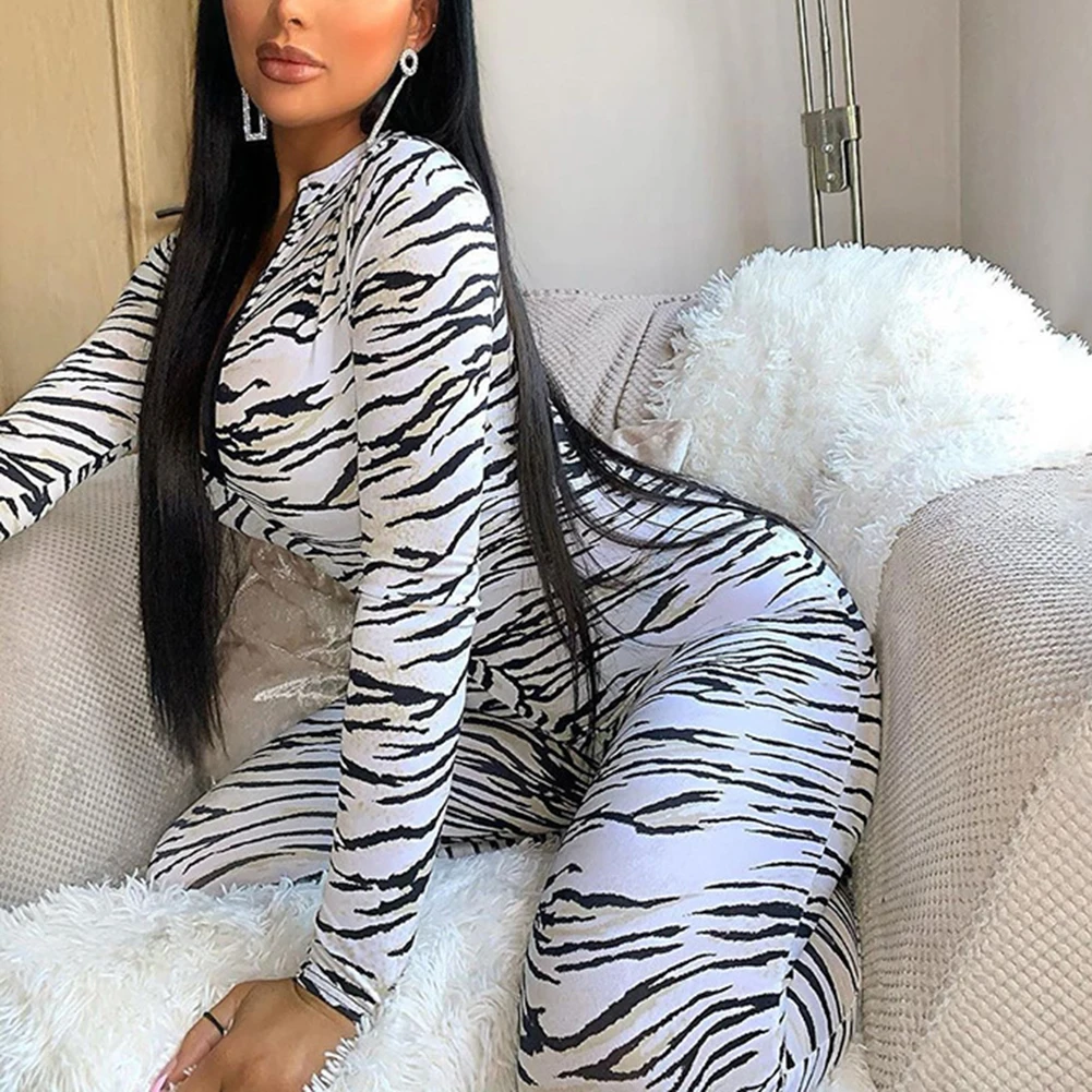 Белый комбинезон с принтом тигра женские облегающие Комбинезоны на молнии