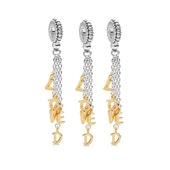 

Real 925 Sterling Silver Bead Charm Shine Loved Script With Chain Pendant Fit Pandora Bracelet & Necklace Diy Jewelry