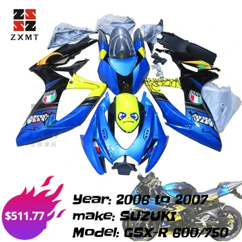 ZXMT 풀 페어링 키트 세트 차체 패널 2006 ~ 2007 스즈키 GSX-R600 06 07 GSXR750 K6 Blue Angry Shark Rossi 46 Fish