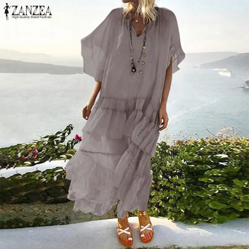 

2019 ZANZEA Bohemian Patchwork Ruffle Dress Women's Summer See Through Sundress Fashion Layered Flounce Lining Vestido Plus Size