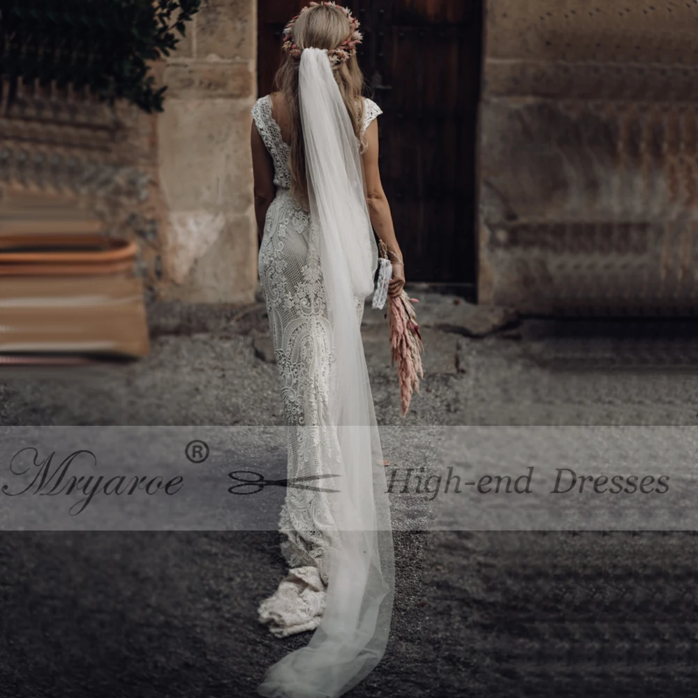 Mryarce Unique Bride Vintage Crochet Lace Boho Wedding Dress Cap Sleeves Open Back Bohemian Bridal Gowns  (8)