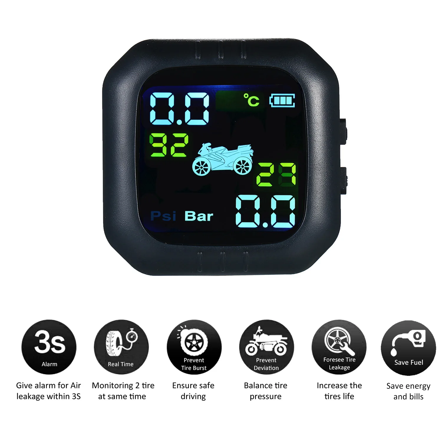 

Waterproof Motorcycle Real Time Tire Pressure Monitoring System TPMS Wireless LCD Display With 2 External Sensors