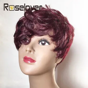 

Short Pixie Cut Curly Hair Wig Peruvian Remy Human Hair Burgundy Color Wigs For Black Women Full Machine Made Wig Free Shipping