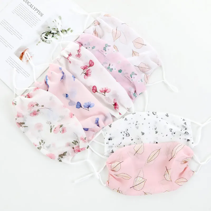 Chiffon Thin Sunscreen Face Mask Fashion Solid /Floral Printed Women Gauze Summer Masks Windproof Resuable Face Shield Wholesale