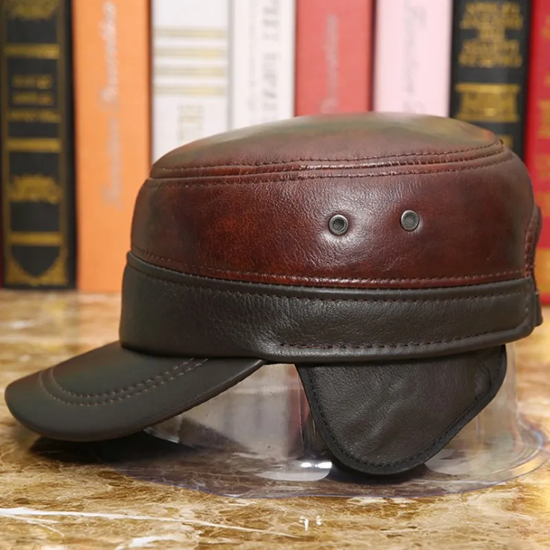 SILOQIN Genuine Leather Hat Men Women Autumn Winter Cowhide Military Hats Adjustable Earmuffs Flat Caps Motion Leisure Bone Cap