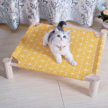 

Pet Elevated Bed Detachable Wooden Plaid Cute Cartoon Washable Cat Cot Bed Dog Bed All Seasons Soft Bed Removable Bed