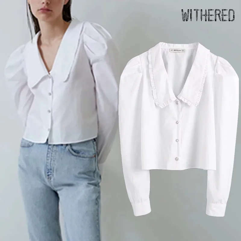 

Withered new england elegant vintage Jewelry buttons puff sleeve blouse women blusas mujer de moda 2019 womens tops and blouses