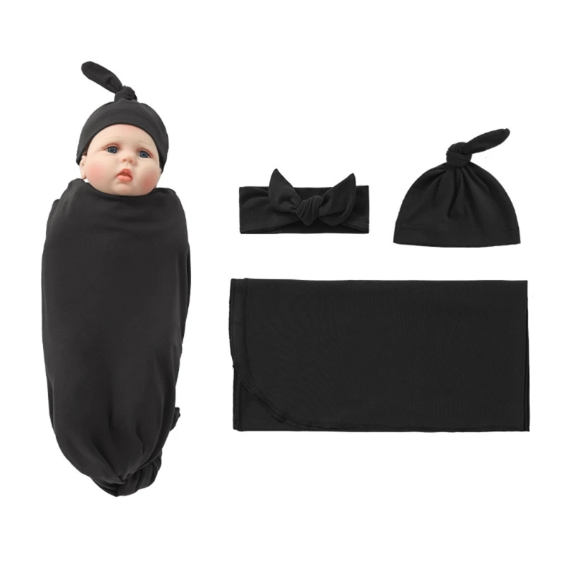Newborn Swaddling Wrap+Headband+Hat Set Baby Receiving Blanket Sleepsack Hair Band Baby Bonnet Blanket Boys Girls Shower Gift 5