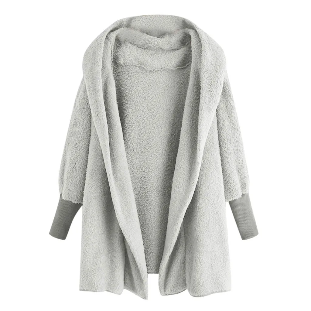 Hooded Sweatshirt Coat Winter Warm Plush Pockets Jacket Women Cotton Fleece Coat Solid Outwear Thick Coat Female chaqueta mujer - Цвет: Серый