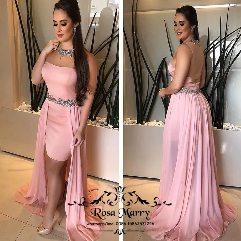

New Pink Crystals Plus Size Cheap Prom Dresses 2K20 Girls Fashion Evening Party Gown 2020 Peplum Chiffon Vestido De Fiesta Noche