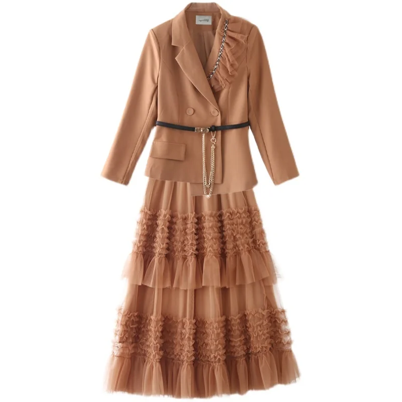 [EWQ] Women Spring 2022 Fashion Chain Design Lace Up Notched Double Breasted Suit Coat + High Waist Ruffles Mesh Skirt 16R1607 |
