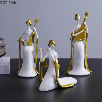 

Classical Resin Portrait Lute Performer Statuette Golden Palace Dress Girl Abstract Figure Statue Desk Decoration Home Decor