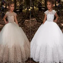 Романтические Платья с цветочным узором для Девочек Пышные фатиновые платья для дня рождения с поясом, украшенным бисером и кружевной аппликацией без рукавов для первого причастия