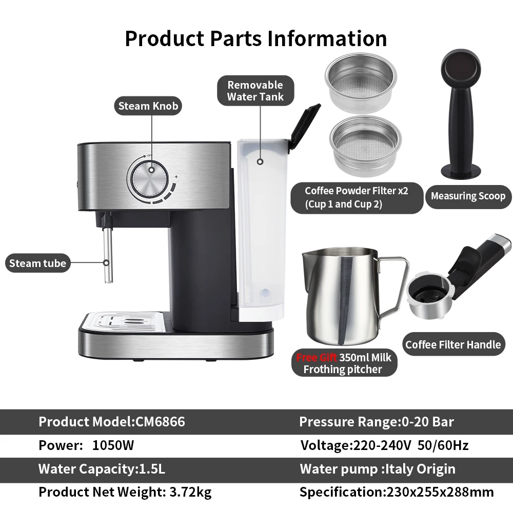 BioloMix 20 Bar Coffee Maker Espresso with Milk Frother Wand for Cappuccino Latte Mocha Machiato For Home Barista coffee maker espresso maker