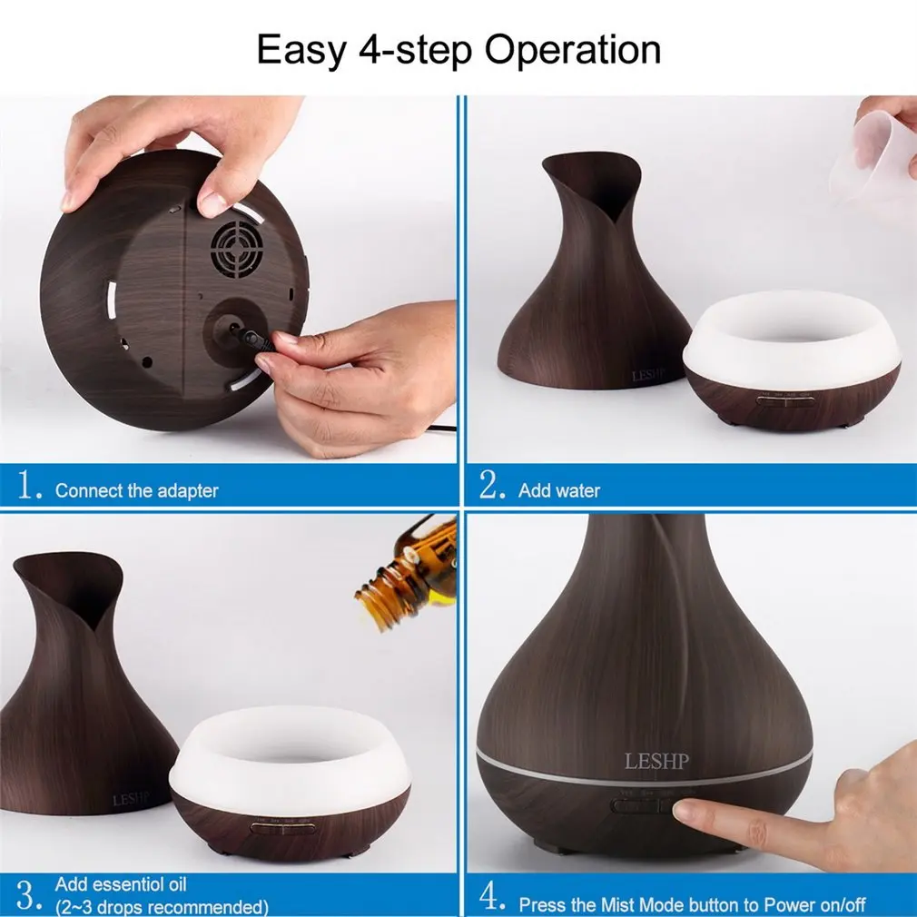 400ml Wooden Aroma Essential Oil Diffuser Ultrasonic Air Humidifier with Wood Grain Electric LED Lights Aroma diffuser for home