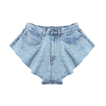 

WOMENGAGA NEW Fashion Womens Light Blue Exaggeration Flare Loose Casual Cowboy Denim Girl Female Shorts Q010