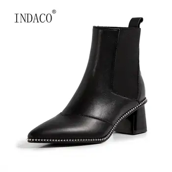 

2020 Women Boots Winter Pointed Toe Leather Ankle Boots High Heels Boots New Designer Brown Thick Heel Party Shoes Female