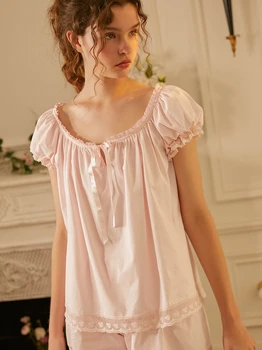 

Free Shipping 2020 New Summer Princess Women's Pajamas short Pants Set White Pink Sleepwear Home Cloth Soft Lace Cotton pijamas