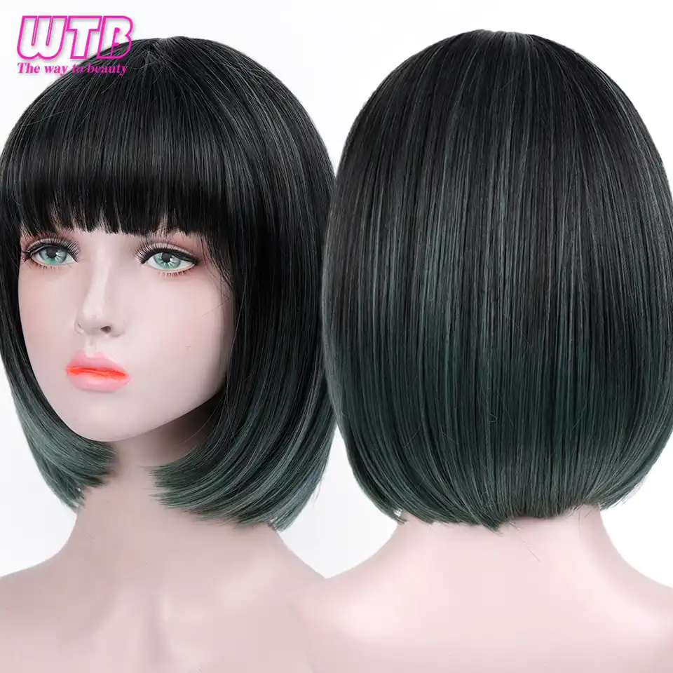 Wtb Short Bob Synthetic Wigs For Women Black Green Mixed Ombre