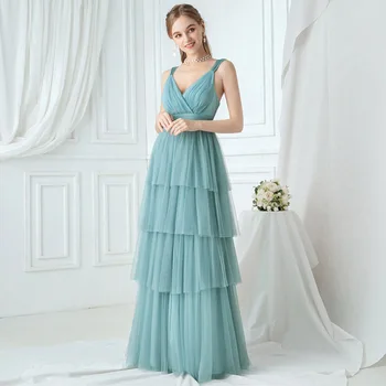 

Elegant Green Evening Dress A-Line V-Neck Ruched Spaghetti Straps Sleeveless Floor Tulle Wedding Party Gowns Evening Dresses