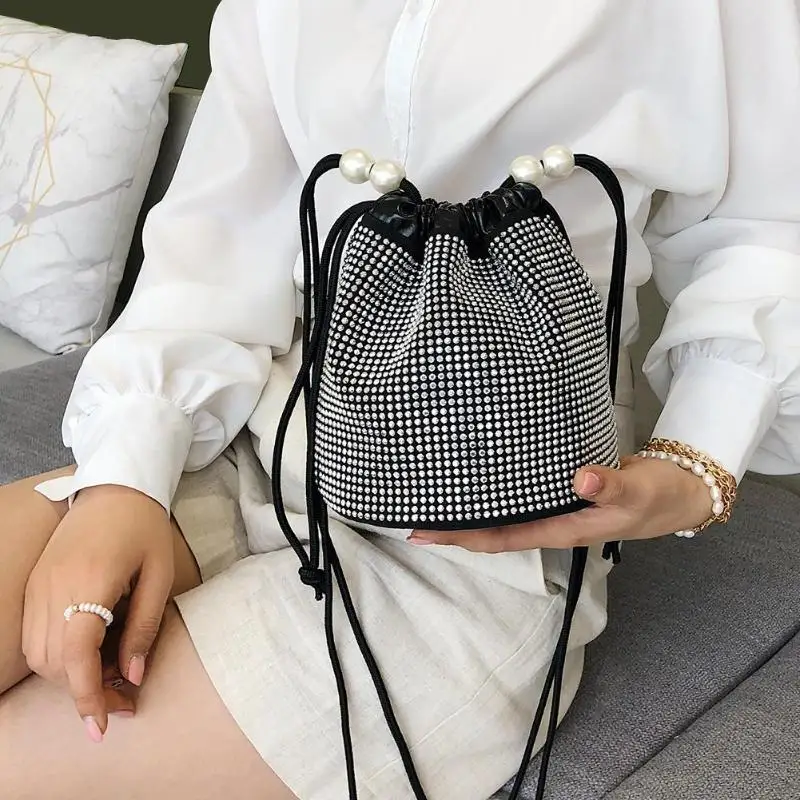 

Bucket Handbags Pearl Drawstring PU Bags Sequins Women Crossbody Simple and Casual Shopping Crossbody Ladies Bags
