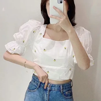

Foridol flower embriodery white vintage crop tops women sexy backless lace up puff sleeve blouse shirt chic blusa feiminias