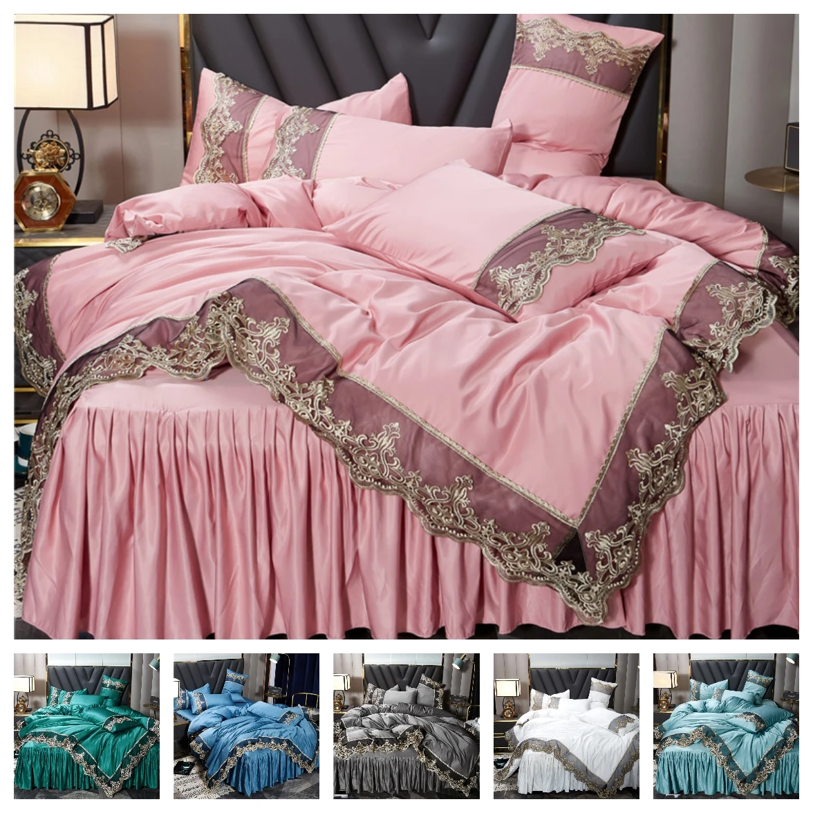 Luxury Lace Bed Skirt Design 3 or 4pcs Bedding Sets King Queen Size