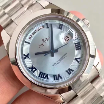 

New Men Daydate Silver Sky Blue Automatic Mechanical Stainless Steel Sapphire Crystal Day-date Rome Dial Watches 41mm