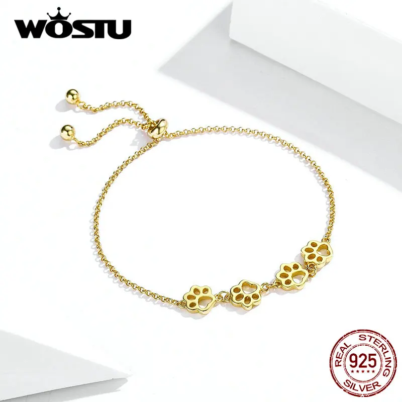 WOSTU, настоящее 925 пробы, серебряные, золотые браслеты, лапа, тропа, собака, следа, животные, цепь и звено для женщин, модные ювелирные изделия, CQB096-B