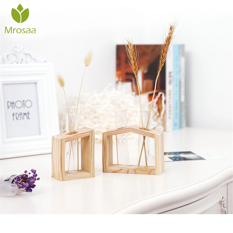 

Glass Wood Vase Planter New High Quality Simple Nordic in Wooden Stand Flower Pots for Hydroponic Plants Home Garden Decoration