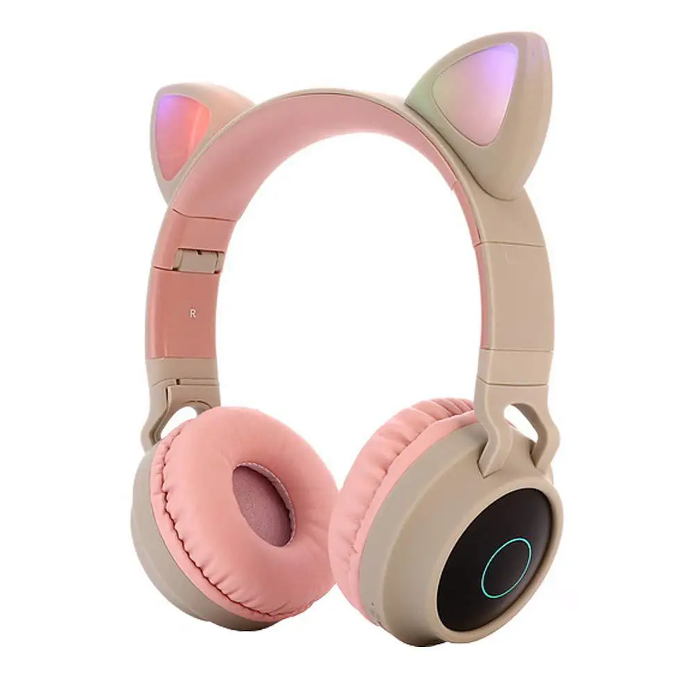 Милые кошачьи наушники Bluetooth 5,0 складные на ухо стерео Беспроводная гарнитура с микрофоном светодиодный светильник FM радио/TF карты наушники r60 - Цвет: Pink gray