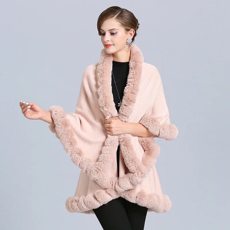 Female Big Pendulum Two Layers Cardigan Coat Women Winter Soild String Faux Fox Fur Collar Out Streetwear Black Poncho Capes
