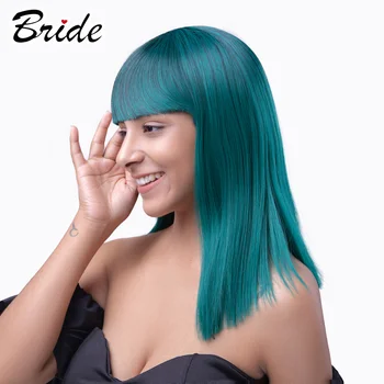 

BRIDE HAIR Lace Synthetic Wig For Women Short Air Bangs Shoulder Blue Solid Color Role Play Daily Wear Natural Female Wig