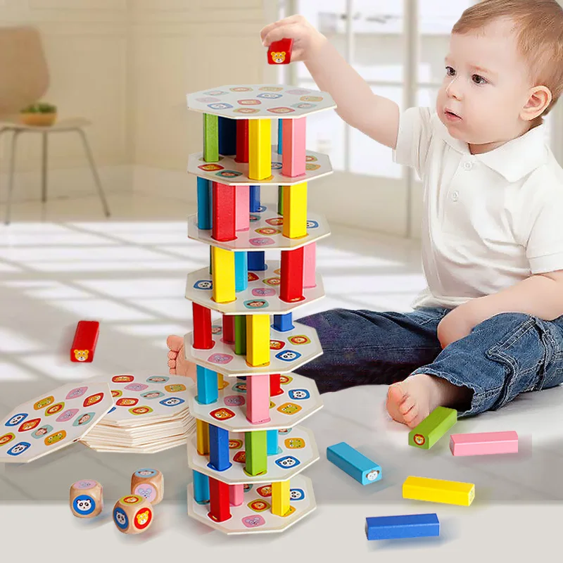 Wooden Colorful Building Stacking Blocks Baby Kids Educational Montessori Toys 