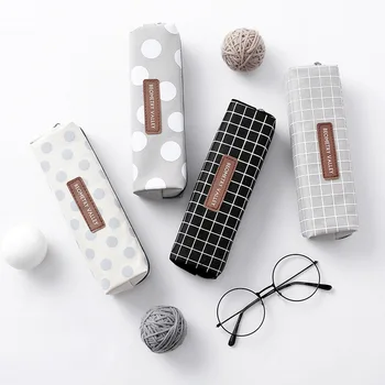 

Cute Smiple Pencil Case Korean Bag Kawaii Grid Dot Canvas Zipper Pencil Box Girls Pen Cases For Kids Stationery School Supplies