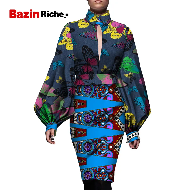 Весенне-осенние африканские платья для женщин, Свободный Топ с длинным рукавом и принтом+ вечерние платья-карандаш длиной до колен, одежда WY5088