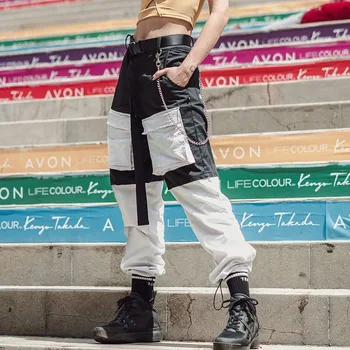 

High Waist Women Cargo Pants Contrast Color Joggers Patchwork Trousers Big Pockets Pants Hip Pop Sweatpants Loose Streetwear