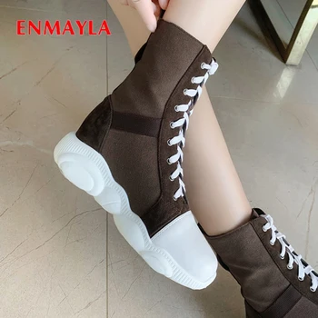 

ENMAYLA Lace-Up Round Toe Height Increasing Winter Boots Women Flat Mid-Calf PU Sock Boots Solid Short Plush Cross-tied Beige