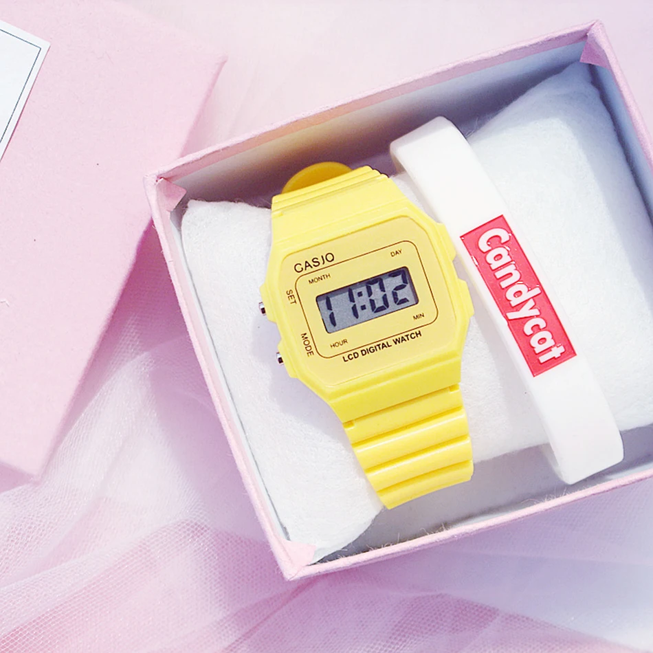 Яркие квадратные детские цифровые часы для девочек-подростков Модные спортивные женские белые часы в Корейском стиле Подарочная коробка для браслета