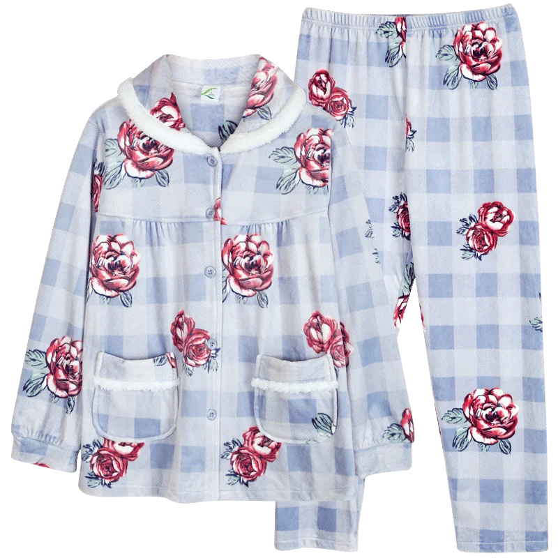 High Quality Womens Pajamas Sky Blue Floral Printing Flannel Pajama Ladies Winter Cozy Homewear Flannel Fleece Women's Two Piece