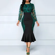 Женское зеленое элегантное платье русалки с длинным рукавом, кружевные макси платья размера плюс, высокая талия, пэтчворк, коктейльное платье