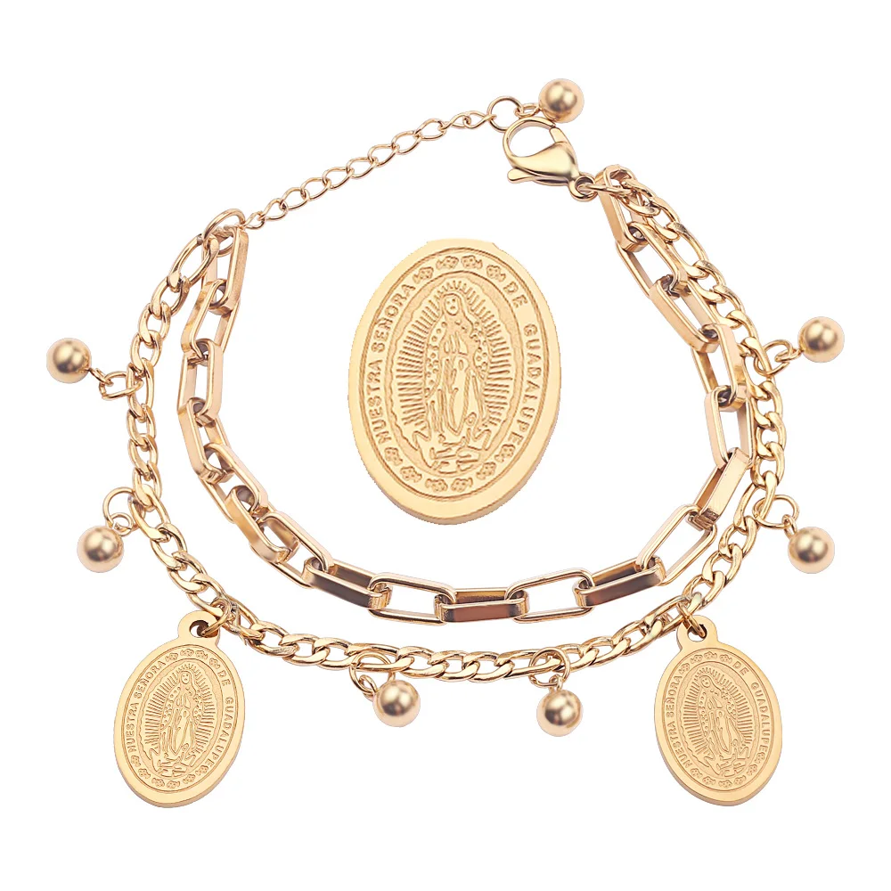 Женский Религиозный браслет с монеткой Девы Марии, Многослойные Регулируемые цепочки из нержавеющей стали, шарообразные браслеты со стальными шариками