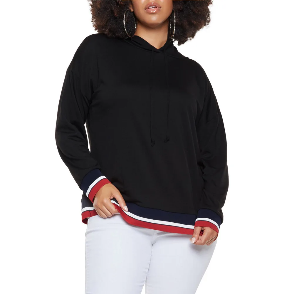 Tricolor Striped Trim Plus Size Hoodie Large Women's Blouse Stripe Long Sleeve Loose Hat Guard