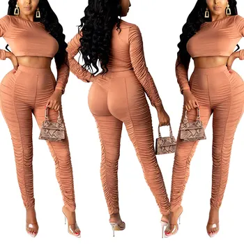 

Women's Outfits Slim Long Sleeve Round Neck Cropped Top and Pants Two-piece Suit for Travelling Vacation Party Dancing