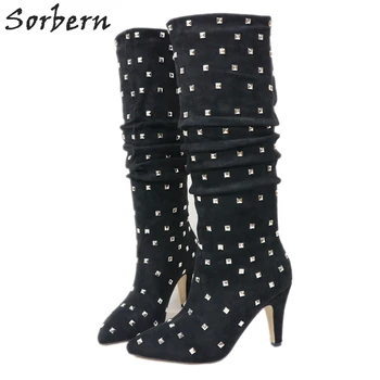 

Sorbern Faux Suede Black Boots Knee High Cute Heeled Pointy Toe Shoe Studs Punk Boot Long Women Cowboy Boots For Women Ladyboy